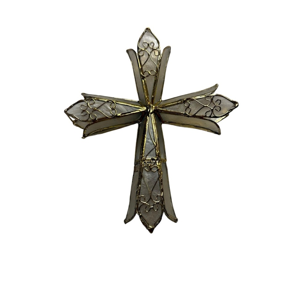 Iridescent Capiz Shell 3D Cross with Gold Filagree Christmas Decor - Picture 4 of 7